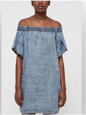 All Saints Light Blue Off-Shoulder Denim Mini Dress